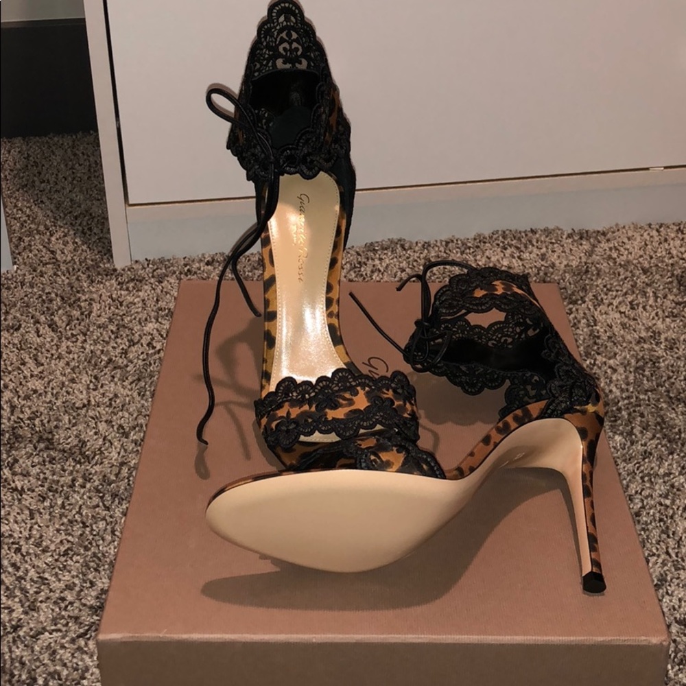 Lace-Trimmed Leopard-Print Silk Sandals in Brown